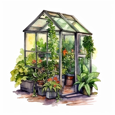A small greenhouse with lush green plants inside clipart, white background, watercolor drawing