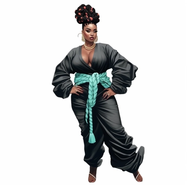 socialite black woman bods, plus size, long massive braids, full glam, fashion icon, talented and good vibes, dressy pant and couture frilly outfit, clipart, Juneteenth colors, white background