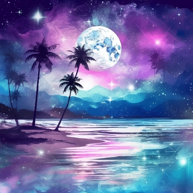 captivating scene of a holographic beach at nighttime. watercolor clipart. watercolor clipart. The lighting should be normal, capturing the serene ambiance of the nighttime setting. The colors should be magnificent, incredible, and relaxing, evoking a sense of tranquility and beauty. The focus of the composition should be a clear view of the water, showcasing the holographic effect with its shimmering and iridescent qualities. Add a touch of magic by depicting the moon leaving a gentle glow on t