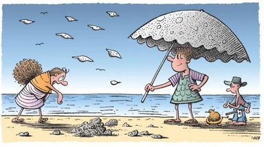 Clipart style, humorous beach scenario, sunburned tourist trying to open a stubborn beach umbrella, seagull stealing an ice cream cone, children burying their friend in the sand, simplified forms for humor, line art for comedic expressions, stipples for texture in the sand and water