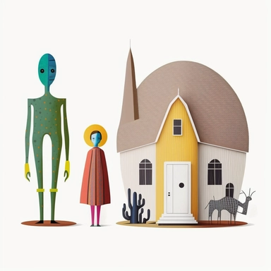 Boho style illustration, clipart, sublimation drawing Alien standing next to American Gothic characters by American artist Grant Wood Vibrant colorful colors on white empty background, 8k high quality, high quality detail
