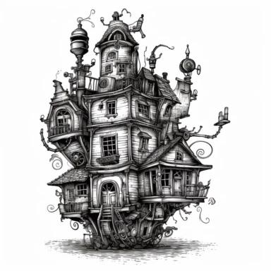 scary horror Steampunk one house Clipart, Retro Futuristic Victorian Era Art, white background