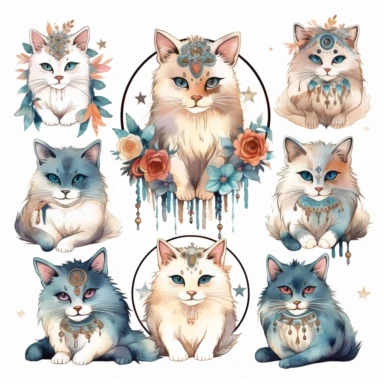 boho style clipart, ragdoll cats, ragdoll kittens, white background, space between elements, 9 elements