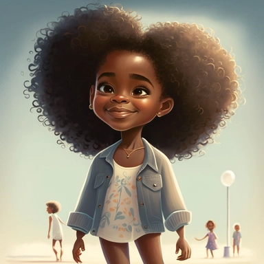 pixar illustration of Sag Harbor town , An illustration of five year old light skin happy black girl with curly afro, on the beach with african american grandparents in Sag harbor Sunset Beach, east hampton , summer vaction, beach town , summer days , muted tones , shy warm heart , pixar , hyper detailed , smooth skin realistic animated — Happy Black Girl Smiling art,black girlsclipart, Funny black girl , Cheerful african american girl child png, clipart, afro ,Full body with legs , Cottage core