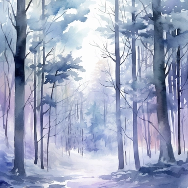Create a watercolor painting or clipart that captures the serene beauty of a winter forest in the heart of a snowy landscape. Depict a snow-covered forest scene with tall, majestic trees adorned with delicate branches and dusted with a fresh layer of glistening snow. Let the soft, muted colors of pale blues, purples, and grays convey the tranquility and stillness of the winter season. Use subtle brushstrokes to depict the texture of the snow and the intricate patterns formed by the tree branches