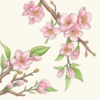 sakura drawing clipart art free, in the style of intricate, delicate flower and garden paintings, light magenta and emerald, miniature and small-scale paintings, precisionist art, whimsical watercolors, decorative relief, light pink and light brown