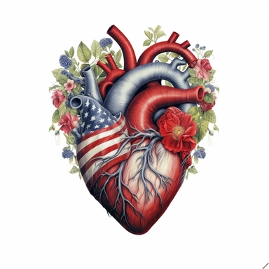 realistic illustration, real heart clipart, with floral decoration, with colors of the united states flag, july 24th, high definition embedded details, white background,