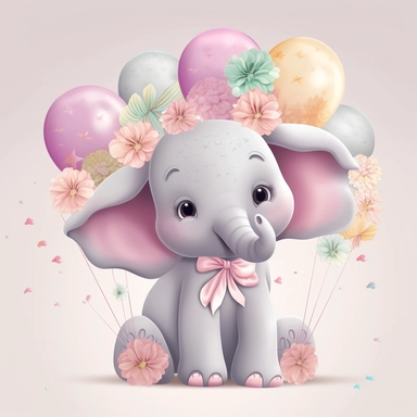 a detailed very colorful vector Clipart image sticker of a beautiful majestic magical floral smilling baby elephant and pastel pink balloons colors holding balloons with a white background, pastel light colors, fall colours, gold ropes, photorealistic, cinematic, Cinematic, Color Grading, Editorial Photography, Photography, Photoshoot, Shot on 70mm, Ultra-Wide Angle, Depth of Field, DOF, Tilt Blur, Shutter Speed 1/1000, F/22, Gamma, White Balance, Neon, Light, Dark, Light Mode, Dark Mode, High C