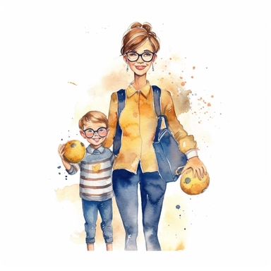 watercolor illustration, cute, teacher day clipart,adorable teacher and child, highest resolution and on white background. solid edges and clear clipart
