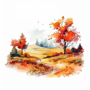watercolor style, beautiful autumn landscape clipart, isolated on white background, 4K