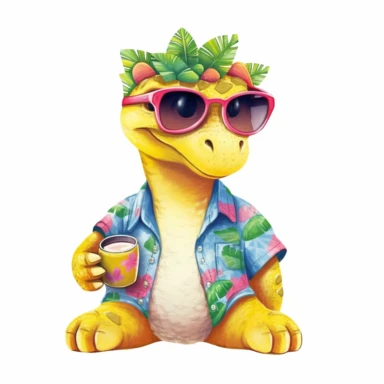 summer, cute Dinosaur wearing a Hawaiian shirt, cute pose, watercolor illustration for kids and children, clipart, sublimation, white background, brightly colored style, realistic color schemes, luminescent color scheme
