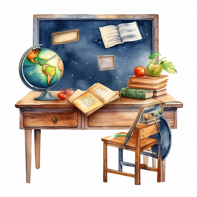 watercolor clipart school blackboard, class room desk, hight quality white background