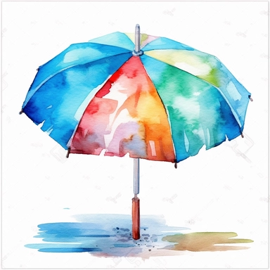 watercolor colorful clipart of a bright beach umbrella, hd, on white background