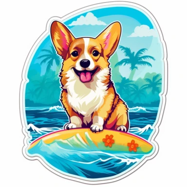 Envision a corgi on a tropical adventure, surfing the waves with style. The corgi balances skillfully on a surfboard, wearing sunglasses and a lei. The beach is lined with palm trees, and the ocean waves are splashing around. Design a clipart-style sticker that captures the corgi's cool and laid-back attitude.