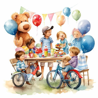 Illustrate a captivating watercolor clipart of children gathered around a birthday table, filled with cupcakes, presents, balloons, a giant teddy bear, a children's bicycle, and balloon animals, painted with vibrant watercolor hues and playful details, on a white background.