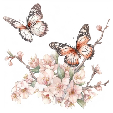 clip art Watercolor art of a cherry blossom branches, butterflies, with soft pastel hues, illustration in the style of Ayami Kojima and J.C. Leyendecker, pixiv, high quality, highly detailed