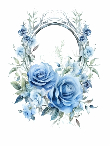 vintage beautiful victorian shabby chic blue roses frame on white background, blue theme, watercolor illustration, clipart