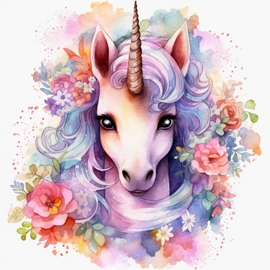 High level watercolor, hyper realistic cartoon, transparent background with margins, 8k, ultra detailed clipart, cute colorful unicorn, with big cute eyes, flower, and shimmering fairy dust, magical pattern, cool, fairy