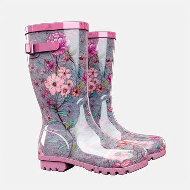 Watercolour illustrated animated cartoon style iridescent glitter pastel pink baby wellies top front view with flowers around them intricately detailed animated pastel pink welly boots , PNG image,transparent background ,ultra highly detailed, 18k, sharp focus, bright photo with vibrant colours, digitally enhanced, enhanced graphics, png format, straight, sharp focus, bright lighting, intricate detailed png image ,high definition,300dpi,graphic clipart,computer graphics