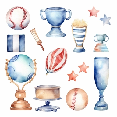 Watercolor cute little baseball trophy related items , illustrations clipart set, simple, christmas colors , cartoon elements ,different variants , championship cupseparate elements with a margin, 4k, high resolution