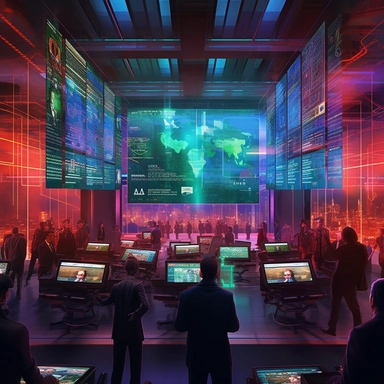 a wide, ultra-realistic image in a cyberpunk style. The scene is set in a futuristic server room filled with towering racks of servers, glowing with neon lights. Digital overlays of computing data float in the air, creating a dynamic, immersive environment. On one side of the room, a large screen displays political charts, with holographic images of senators engaged in a debate. On the other side, news clippings are projected onto the wall, updating in real-time with the latest headlines. The st