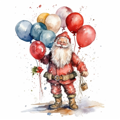 Create watercolour clipart of santa and ballons, full body, highly detailed