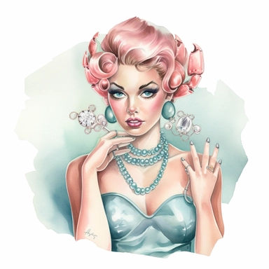 Hand drawn 1950’s pin up woman, dressed like cancer the crab, very glamorous with jewelry, shades of dusty rose teal and blue, half body, very detailed and realistic, watercolor, white background with margins, clipart style