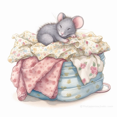 cute mouse sleeping on laundry, white background, clipart by Naoko Takeuchi