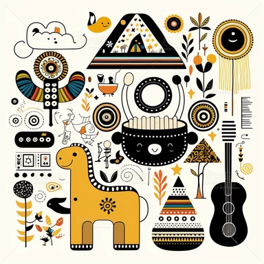 black and white collage toys and music instruments for kids inspired by inca and maya art innocent illustration design only for kids vector flat clipart 2d funny for nursery decor lineart solid colors white background only
