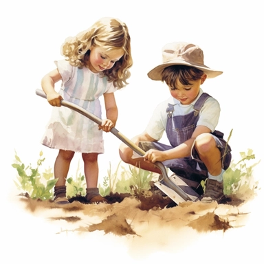 Clipart, a little boy and girl digging in a farm field with the shovel, a digital rendering by Laura Wheeler Waring, white background, shutterstock contest winner, american scene painting, detailed painting, watercolor, digital illustration