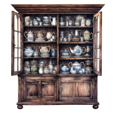 watercolor, hyper realistic, white background, white margins, 16k, ultra detailed clipart, cut out image, hand-drawn vintage wooden cupboard with intricate carvings and a dark finish, showcasing antique crockery and glassware inside.