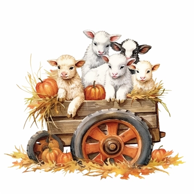 baby farm animals on a hay wagon full of rectangular bales of hay on an autumn day, autumn colors on a white background, clipart, vintage style--q2--s1000
