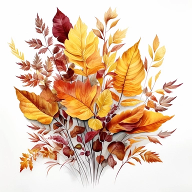 watercolor, hyper realistic, white background, white margins, 16k, ultra detailed clipart, cut out image, hand-drawn a falling leaf surrounded by smaller leaves, showcasing a rich color palette of burgundy, maroon, and mustard yellow.