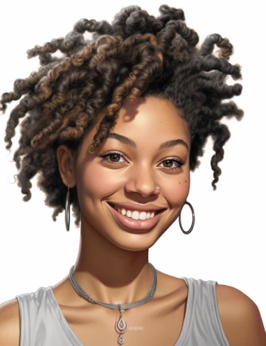 hasselblad 24 mm three quarters shot of a gorgeous african american woman with blue eyes, clipart, Composition: Relaxed position with intricate high hairstyle, smiling, detailed natural skin, Style: Nu-Goth, white background, hyperrealism, 32k