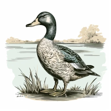 mallard duck, old school vintage illustration style, pen and ink, hand drawn, clipart, isolated on white background