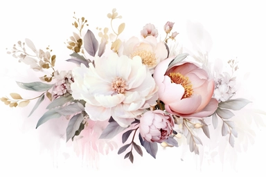 dusty pink and white flowers, peonies, austin roses, big blooms, with muted green whispy foliage with gold flicks, elegant and beautiful floral clipart for wedding invitations, delicate, watercolor, Claude Monet oil painting, defined edge on white background