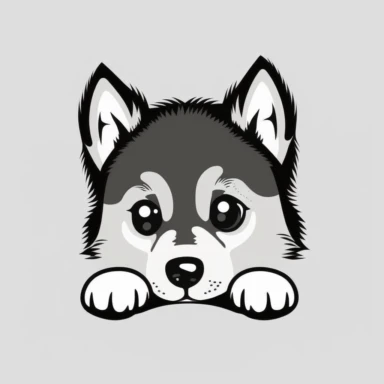 simple outline of a front facing Siberian Husky puppy head peeking with front paws, cute, clipart, flat 2d vector, minimalist, black and white, kids cartoon, svg cut file, line art drawing