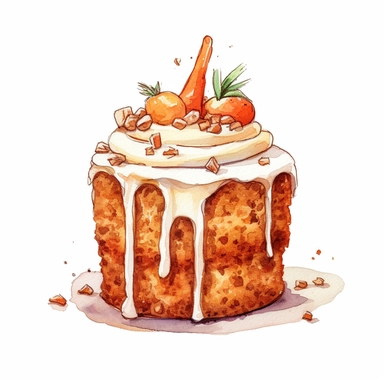 carrot cake, carrot muffin, yummy, watercolor-style, soft pastel, cinematic, romantic, detailed, illustration, white background, clipart, no watermark, no logo, no text,