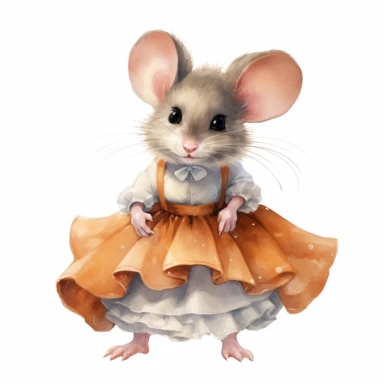 clipart vector image with plain white background of a watercolor painting of an orange mouse standing. Wearing a grey skirt. extremely detailed.