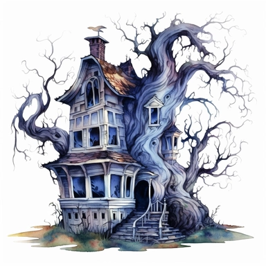 haunted house, dead trees, watercolor, clipart, white background, in the style of victorian-inspired illustrations, fantastic grotesque, sketchfab