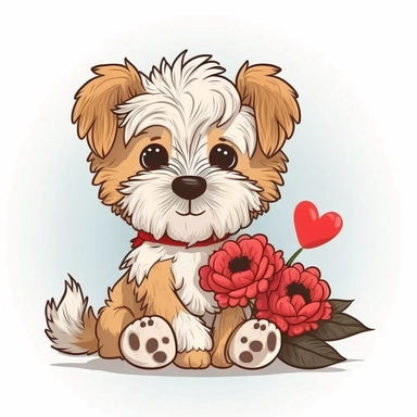 mascot flat color cartoon Cute little dog with flower. Happy Valentine's day clipart. cartoon, vector, illustration. white background