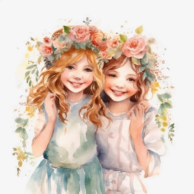 watercolour clipart, separate elements, Embark on a whimsical journey with Bells, Creamy, and Flowery - three girls who weave wonders and magic from paper. Their artwork flourishes in the enchanting realm of watercolour, where every stroke tells a story., three girls whispering big news each other, mae the smiling and exalted, white background, 8k, f1