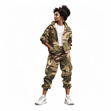Beautiful African American Girl Fashionable Wearing HipHop Camouflage Outfit With White Tennis Shoes, Gold Hoop Earrings, Symmetrical Full Body Clipart, HD, White Background