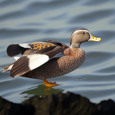 Flying steamer duck. A large, heavily built duck that is fairly common along rocky seacoasts and on lakes near the coast. also local and uncommon on larger lakes farther inland. Despite the name, rarely seen in flight. more often seen thrashing through the water like an old paddle steamer boat, hence the name. Male’s bill is mostly orange, while the female’s bill is mostly greenish. Plumage of both sexes is duller gray or brownish gray compared to Flightless Steamer-Duck. the two species sometim