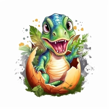 t-rex baby cute dinosaur hatching from egg, realistic, kids cartoon sublimation watercolor clipart design