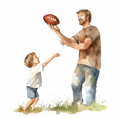 A father and son playing catch with a baseball or football, Watercolor, Clipart, transparent background PNG