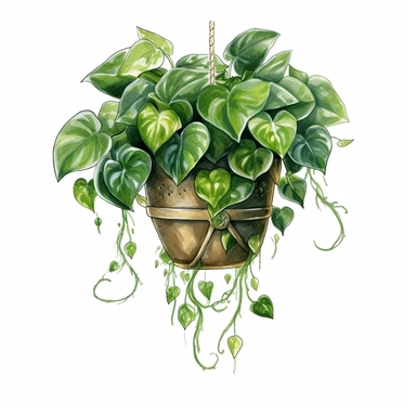 A captivating watercolor clipart image featuring a lush Pothos plant in a hanging planter. The artwork showcases a vibrant Pothos with its trailing vines and heart-shaped leaves gracefully cascading from a stylish planter. The watercolor technique adds a touch of softness and depth to the illustration, capturing the plant's natural beauty. The combination of vibrant green foliage and earthy planter creates a harmonious composition that radiates freshness and elegance. This captivating clipart is