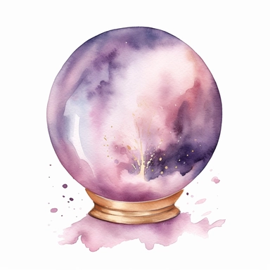 Crystal Ball, in the style of watercolor illustrations, pink and gold, soft lilac, magical and mystical, galaxy elements, modern minimal watercolor, on white background, clipart