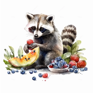 Watercolor clipart of cute racoon eating some fruits, no text, white background
