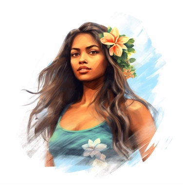 beautiful stunning pretty young surfer hawaiian woman , paint art style, clipart, white background, superrealistic, one of a kind